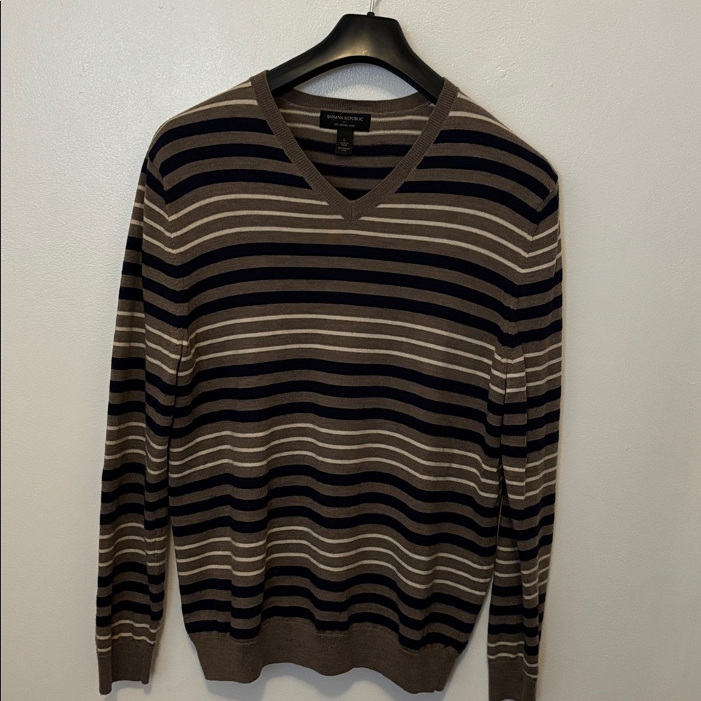 Banana Republic Brown and Cream Striped Wool Sweater